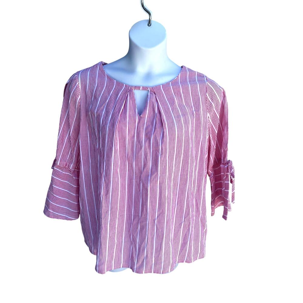 RAFAELLA, SIZE L, 3/4 SLEEVE, PINK AND WHITE STRIPED TOP